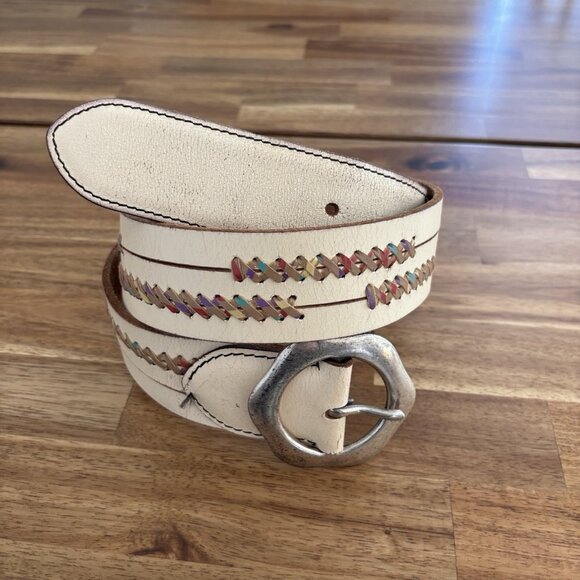 VTG Lucky Brand Leather Belt Womens L Flower Buckle Y2K Boho Southwestern Navajo - Picture 9 of 16